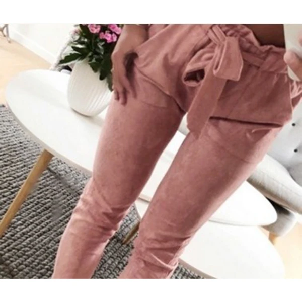 pink Женские брюки длиной до щиколотки, модные брюки со средней талией на шнуровке, тонкие брюки с поясом TC21 - Цвет: pink