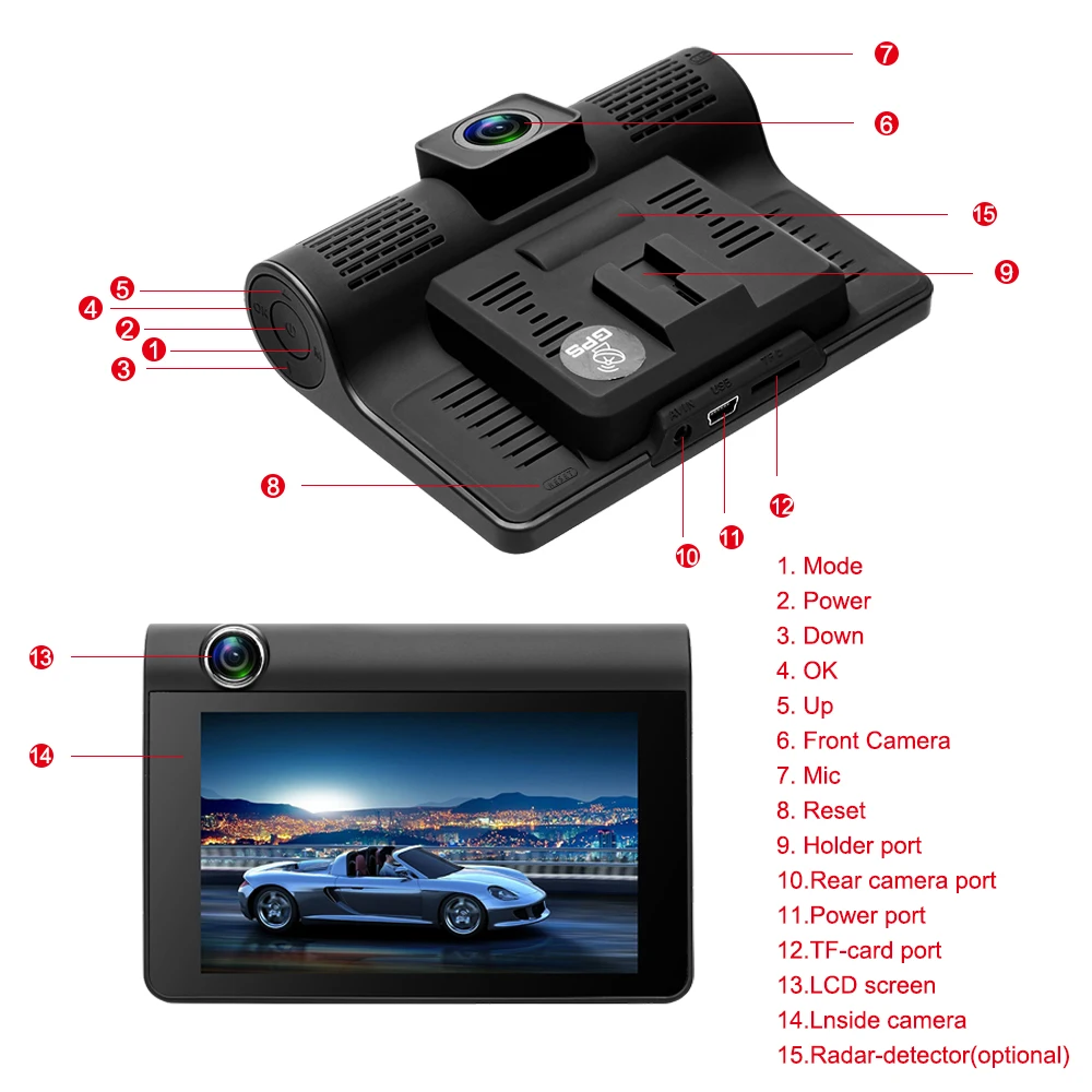 Podofo 4 &quotАвтомобильный dvr камера двойной объектив с камерой заднего вида 3 в 1