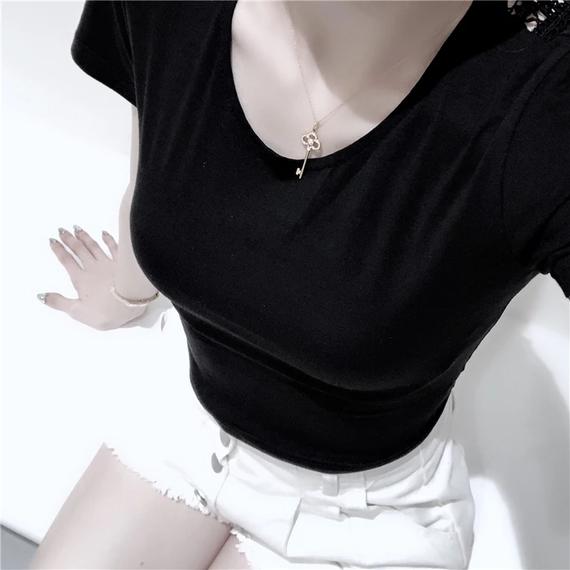 Women Lace Tops Backless T-Shirt Solid Up Open Back Tee Shirt 2018 New Round Neck Short Sleeve | Женская одежда