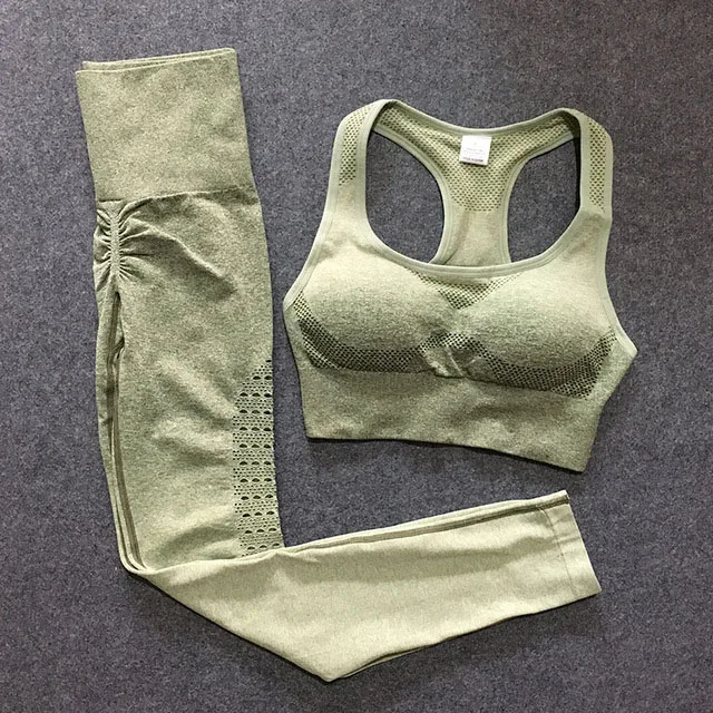 Army Green 2Pcs Set 2 шт., бесшовный комплект для йоги с эффектом омбре, комплекты для спортзала, женская одежда для спортзала, спортивный бюстгальтер+ леггинсы, Женская Спортивная одежда для спортзала, Женский костюм для фитнеса - Цвет: Army Green 2Pcs Set