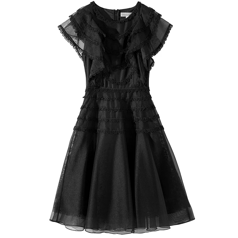 

Europe Women Fashion White Ruffles Floral Summer 2019 New O Neck Layer Hook Sleeveless Temperament Black Pink Red Dress