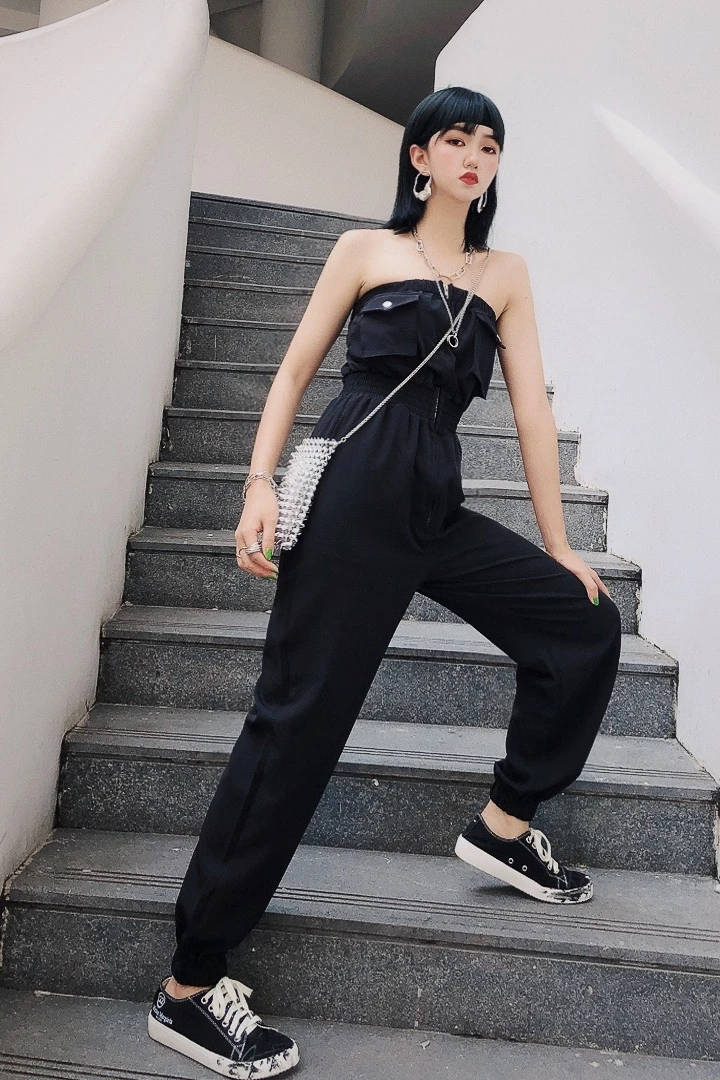 Jasmine fashion personality Shoulder-exposed сексуальный черный комбинезон для вытирания груди
