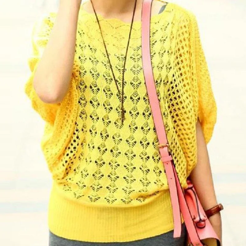 Женский вязаный свитер модная свободная футболка с рукавом летучая мышь ажурный