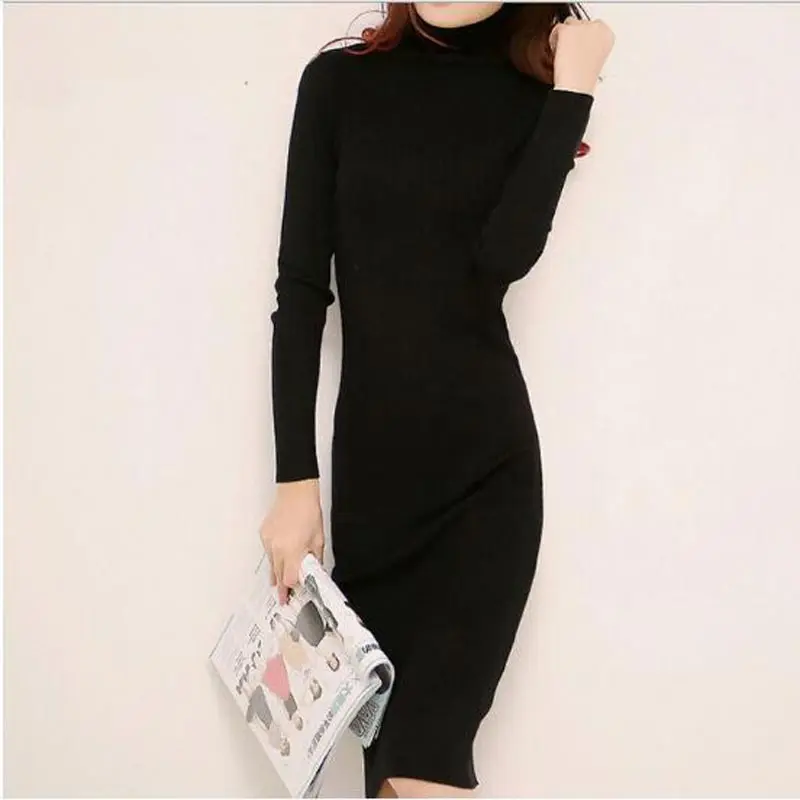 Платье-свитер с высоким воротником осень-зима 2017 Короткое облегающее эластичное