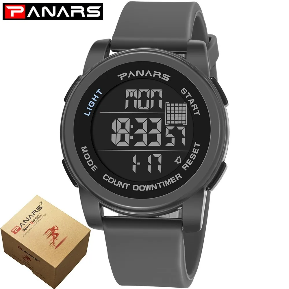 Grey with box PANARS мужские часы спортивные роскошные Брендовые мужские s цифровые часы для мужчин водонепроницаемые часы силиконовые электронные наручные часы montre homme - Цвет: Grey with box
