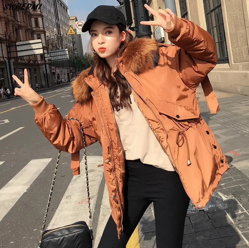 caramel SWREDMI Women Winter Short Jacket Female Hooded Parkas Loose Cotton Padded Coat Mujer Thick Warm Slim Jacket Fur Collar - Цвет: caramel