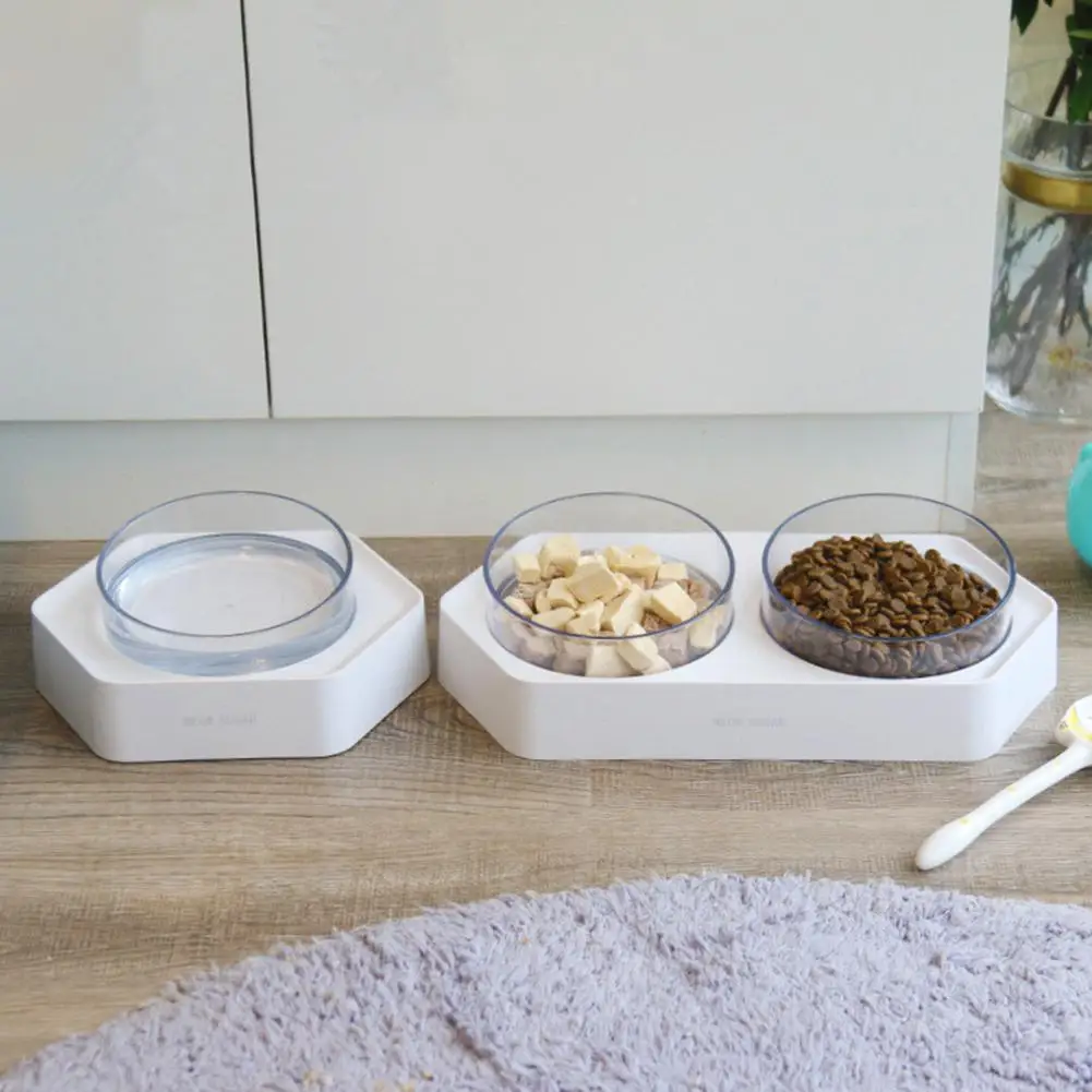 

300ML Non Slip Hexagonal Base Bevel Transparent Plastic Cat Feeding Bowl Pet Dog Cat Water Food Feeding Bowl With Base