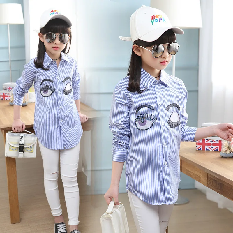 Новое поступление года; детская рубашка в полоску; детская блузка с длинными рукавами и рисунком; повседневные топы для подростков; рубашки; Одежда для девочек 12 лет