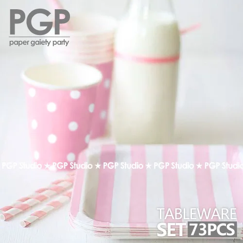 [PGP] розовый Бумага Посуда комплект пластины + чашка соломы Mix для дам душа ребенка