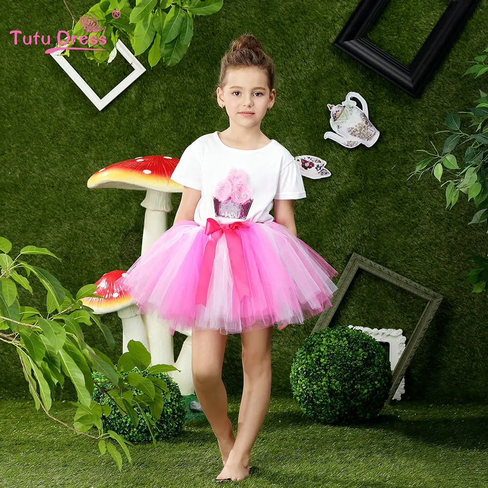 Летние милые хлопковые футболки и юбки-пачки для девочек 2 шт./компл. одежда