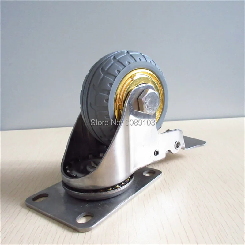 

HOT 4 pcs 3 inch rubber wheel castor stainless steel screw caster with brake rubber caster