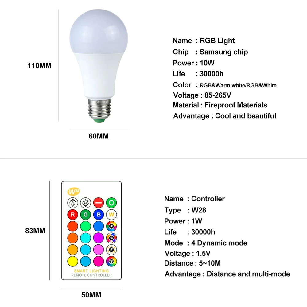 Светодиодная лампа E27 RGBW 5 Вт 10 15 85 265 в уровней яркости RGB A50 A60 лампочка свеча для