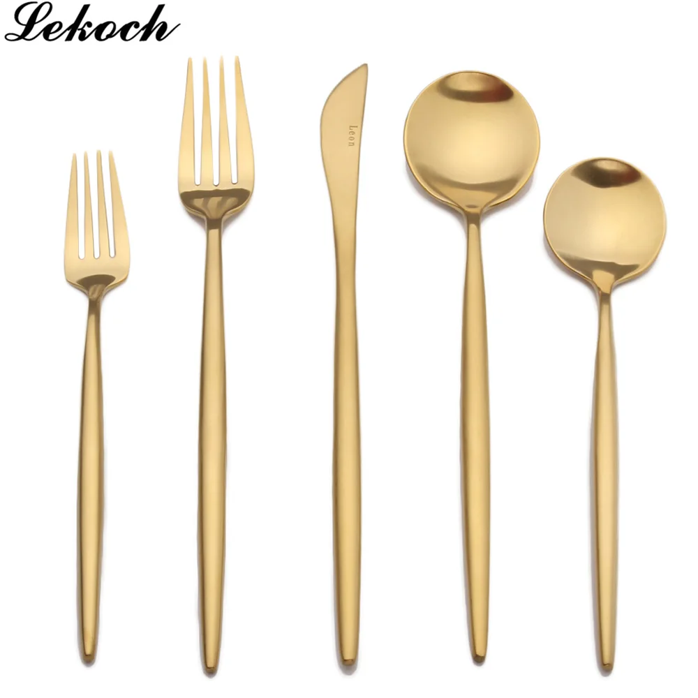 solid gold Набор посуды Lekoch, 5 шт., столовый набор, совок, вилка, нож и десерт, совок, вилка, 5 шт., набор столовых приборов, набор посуды из нержавеющей стали - Цвет: solid gold