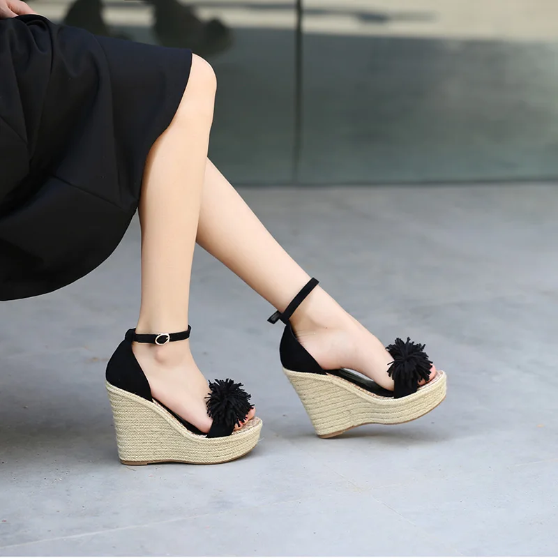 WETKISS 2019 New High Heels Women Sandals Open Toe Wedges Tassel Platform Footwear Straw Weave Fashion Ankle Strap Ladies Shoes | Обувь