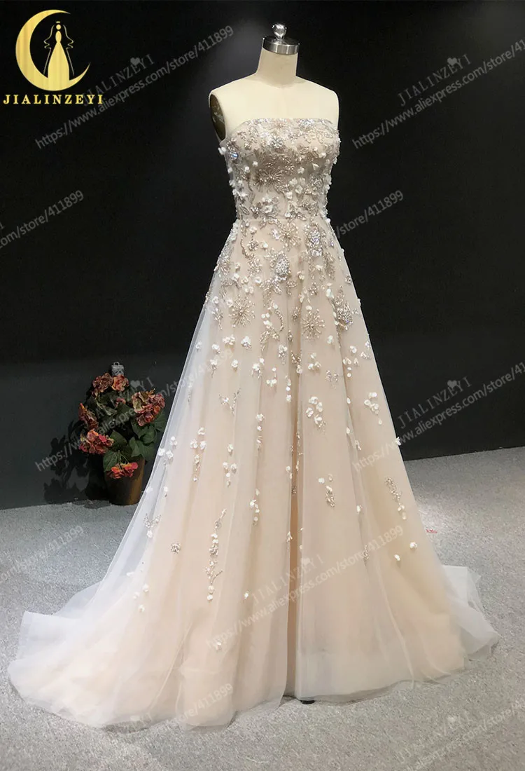 Rhine real Pictures Strapless Chamapgen and Grey Beads Sequins A-line Formal dress prom dresses arabic evening dresses long