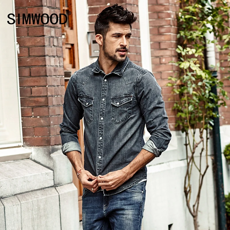 SIMWOOD 2018 осень Джинсовые рубашки Для мужчин Slim Fit Повседневная хлопковая футболка