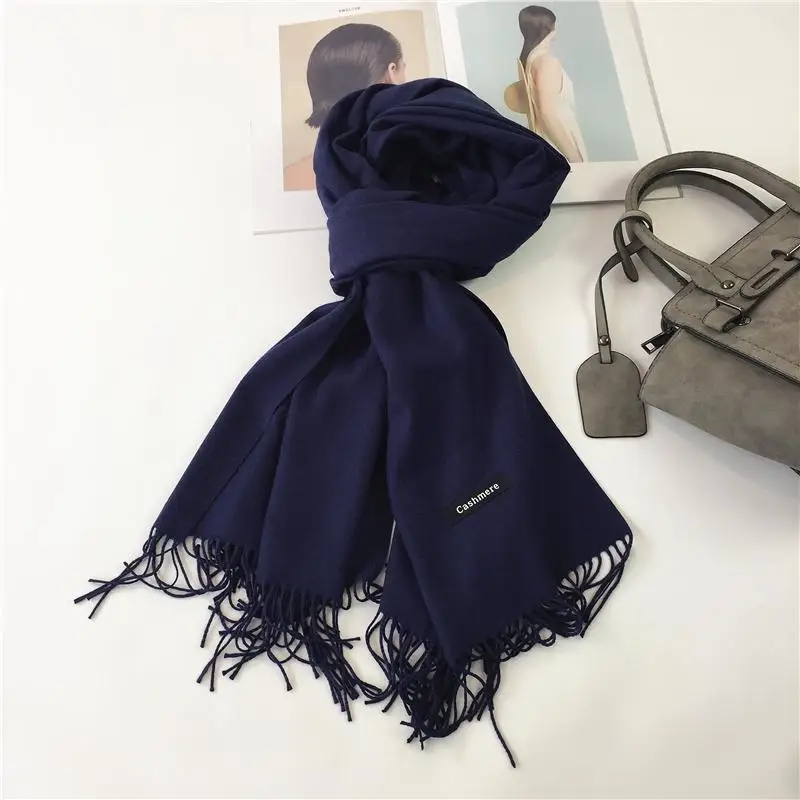COKK, женские зимние шарфы с кисточкой, сплошной цвет, кашемир, толстый теплый шарф, Женская шаль, Дамская накидка, бандана, воротник, высокое качество - Цвет: navy blue