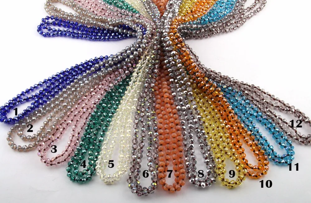 Free Shipping Fashion Bohemian Tribal Jewelry Long knotted 6mm Glass Crystal Necklace |