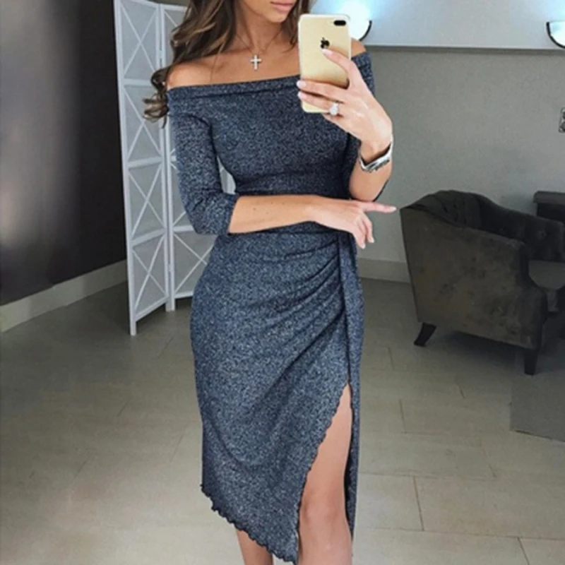 Женское платье с открытыми плечами облегающее вырезом лодочкой и рукавом до