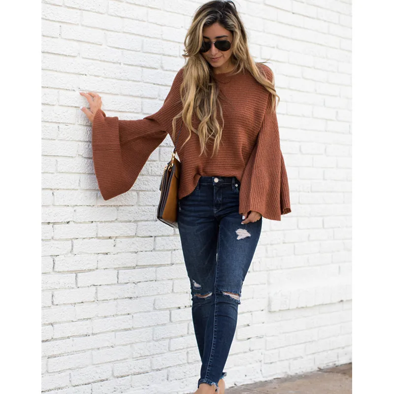 Женский свободный трикотажный свитер с длинным Расклешенным рукавом вырезом