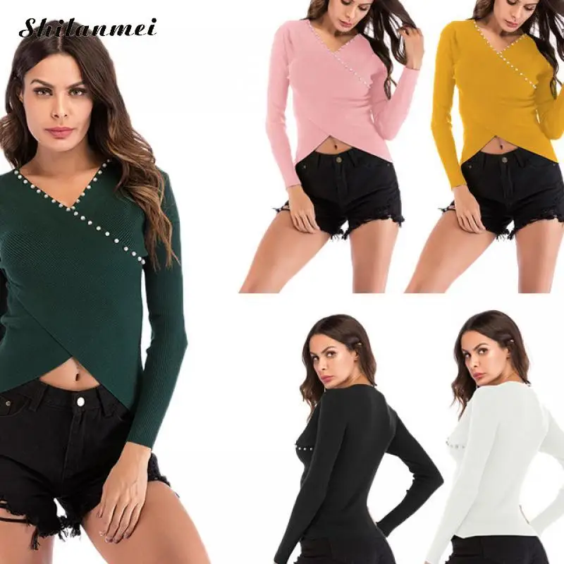 

Новинка, женская трикотажная футболка с перекрестной шнуровкой спереди, Однотонная футболка с v-образным вырезом, желтая эластичная элеган...