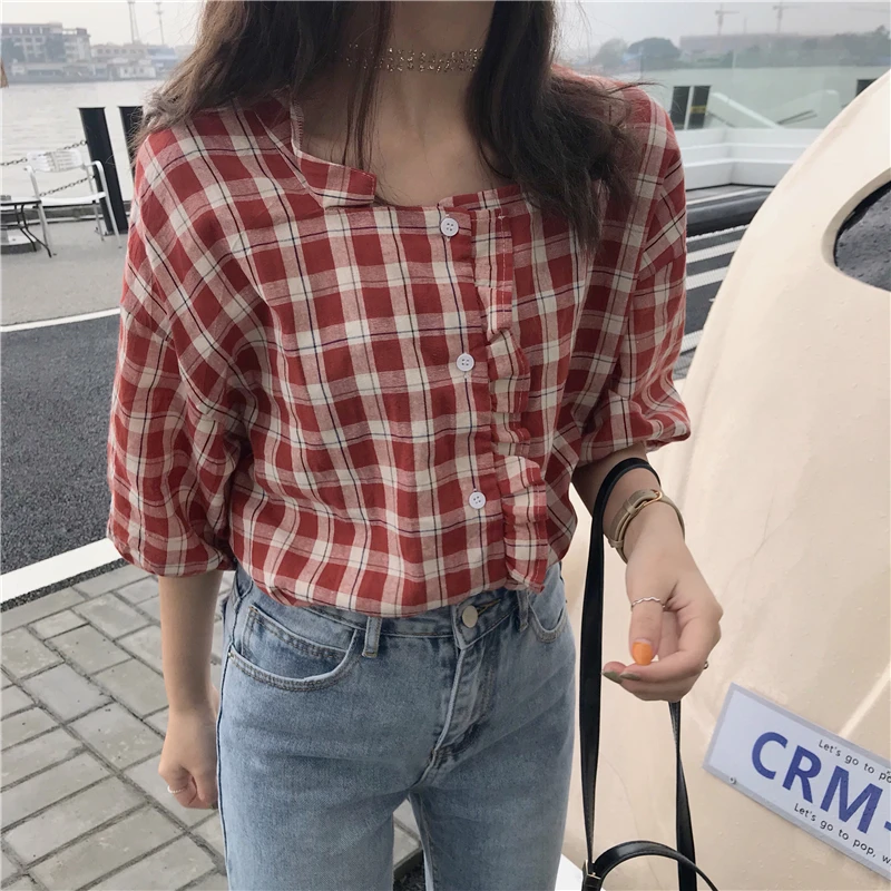 Square Collar Wooden Plaid Shirt Women's Shirts Harajuku Ulzzang Student Lady Kawaii Chic shirt For Women Casual |