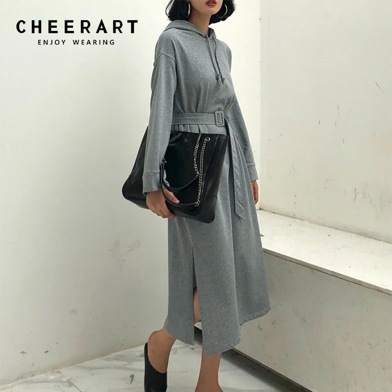 Женское платье толстовка средней длины Cheerart серое весеннее с длинным рукавом