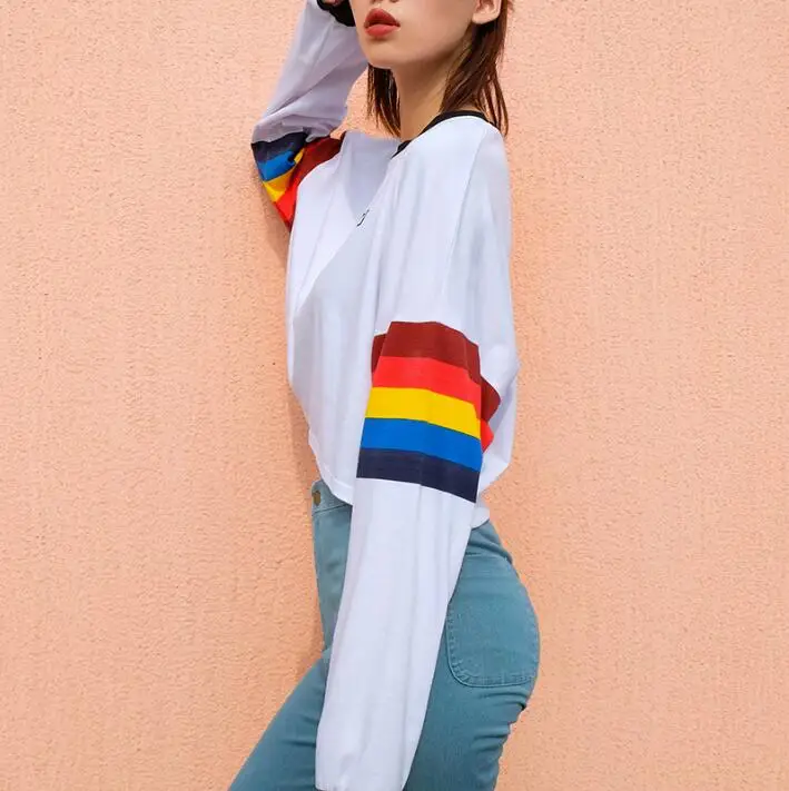 

2018 autumn new women's rainbow sleeves color printed loose T-shirt women