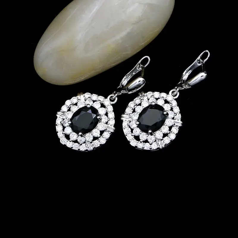 Round 925 Sterling Silver Jewelry Sets For Women Black Cubic Zirconia White Crystal Earrings/Pendant/Necklace/Ring/Bracelet | Украшения и