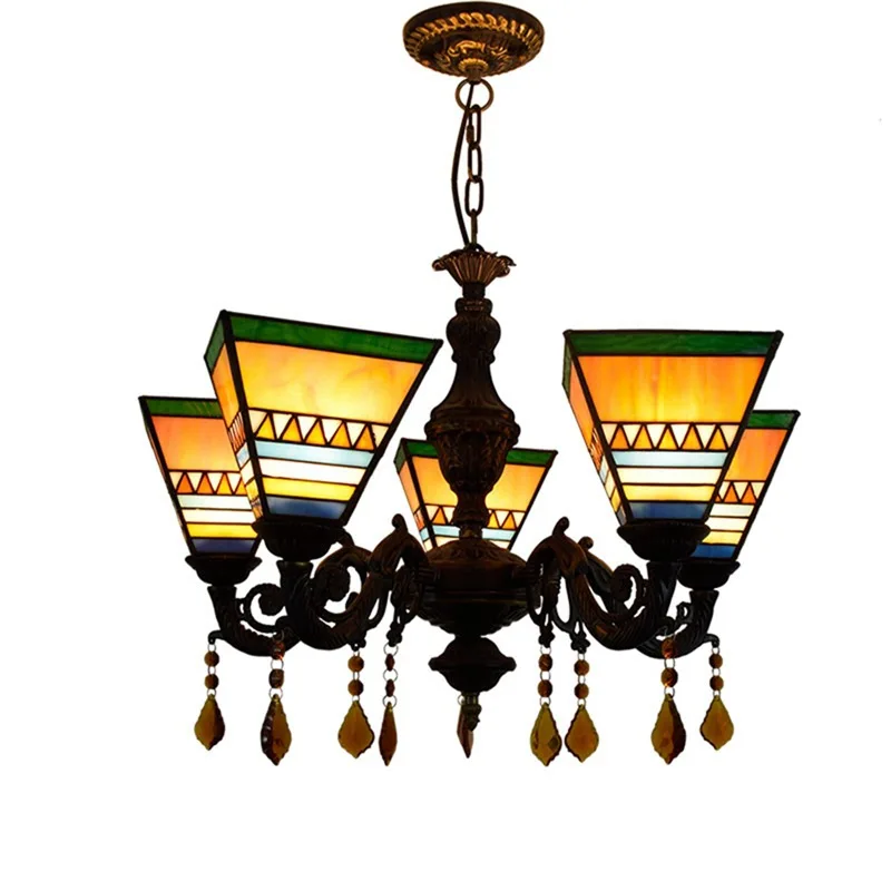 

European style Tiffany coloured glass restaurant, bedroom Bar Club Cafe square crystal 5 head lighting