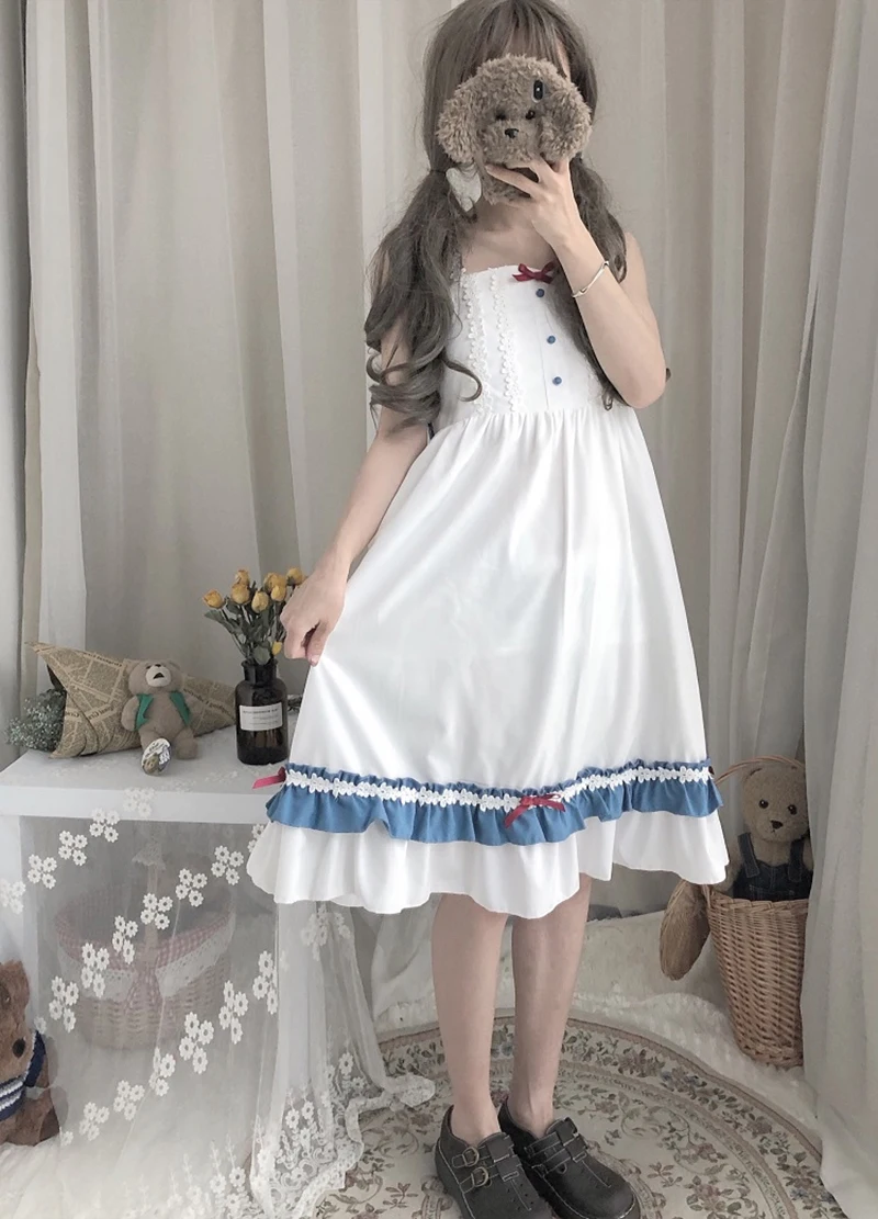 Летнее женское милое платье популярное японское темно синее с воротником и