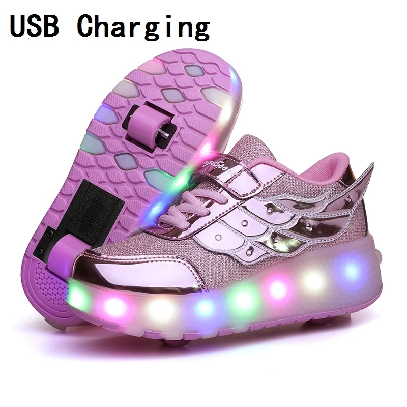 Bambini una due ruote Sneakers luminose incandescenti oro rosa Led scarpe da Skate a rotelle per bambini scarpe a Led per bambini ragazzi ragazze ricarica USB
