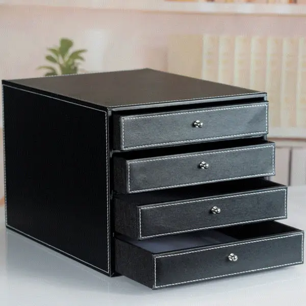 office 4-drawer wooden leather desk a4 file cabinet drawer box table organizer document stationery holder rack tray case 1091A