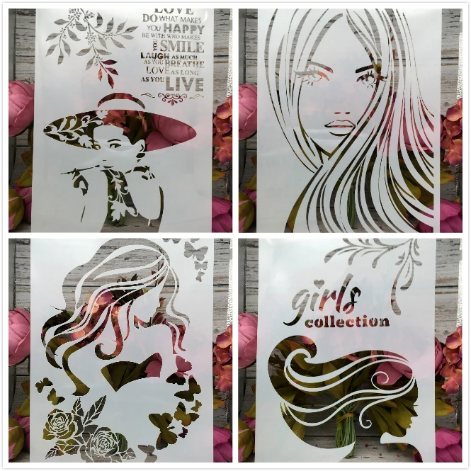 

4Pcs/Lot A4 Fashion Lady Girl Long Hair DIY Layering Stencils Painting Scrapbook Coloring Embossing Album Decorative Template