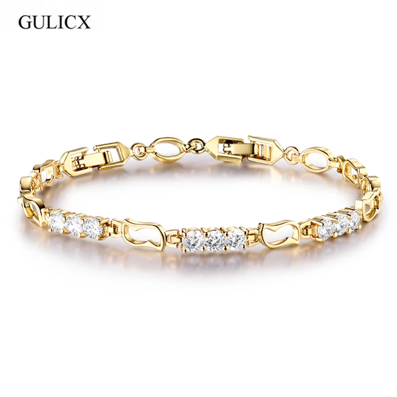 Женский простой браслет GULICX желтый золотой цвет белый кристалл кубический