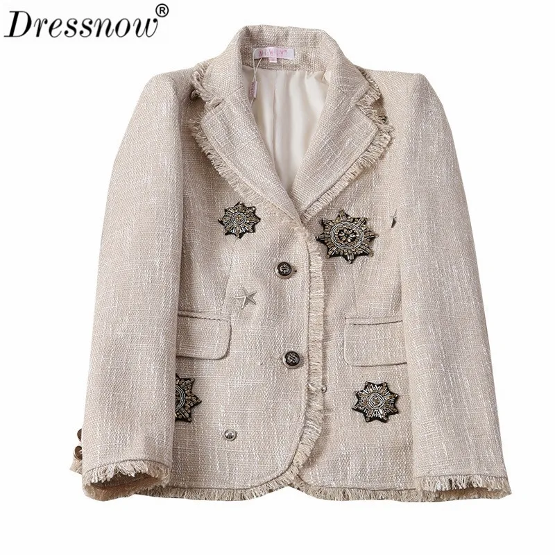 beige Dressnow/Женская куртка высокого качества, осенне-зимняя куртка, Женская тяжелая твидовая верхняя одежда с длинными рукавами, пальто, женская куртка с аппликацией - Цвет: beige