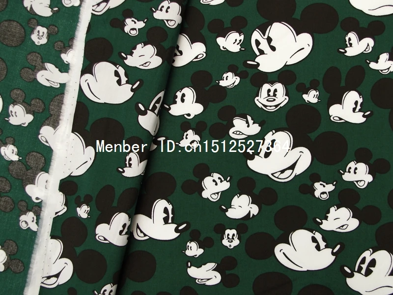 Ткань из поплина хлопка смх 100 см темно зеленая ткань с Микки Маусом (332)|cotton poplin