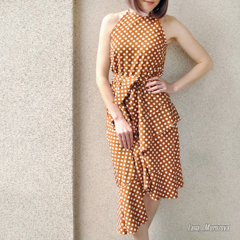 Женское пляжное платье в горошек с лямкой на шее Boho черное Элегантное