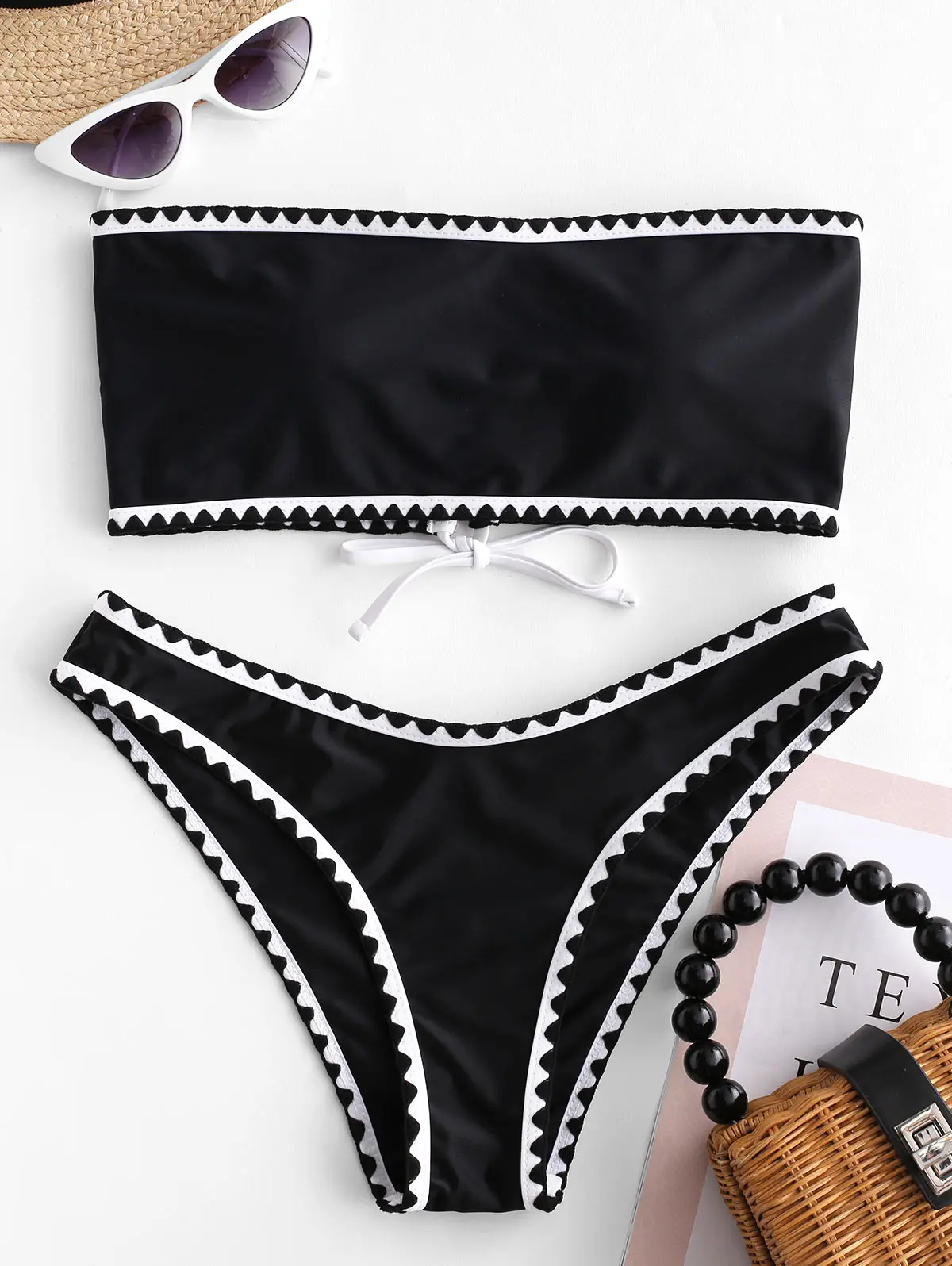 ZAFUL Bikini Embroidered Trim Lace Up Strapless Bikini Push Up Swimwear Sexy Swimsuit Bathing Suit Women Holiday Swimming Bikini