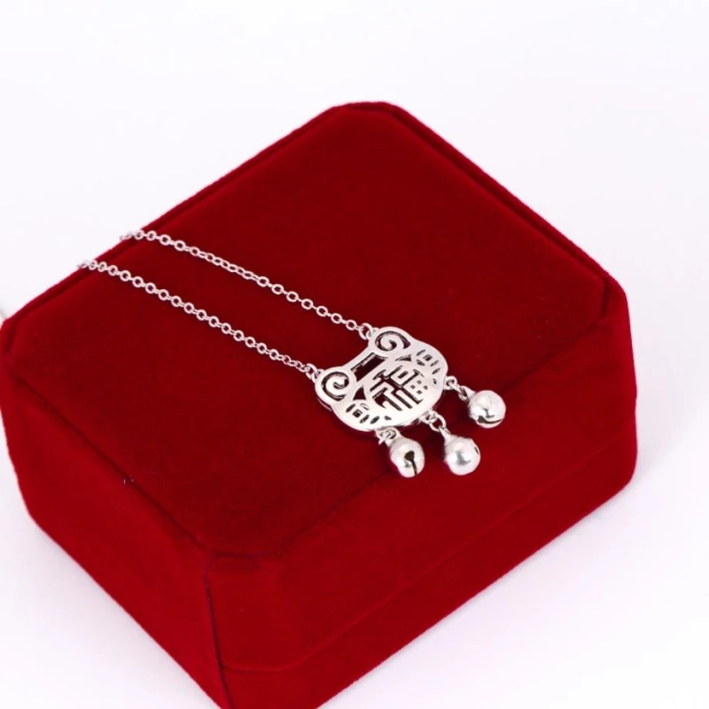 Longevity Lock Silver Pendant Hollow National Tassel Bell Color Temperament Female Necklace SNE123 | Украшения и аксессуары