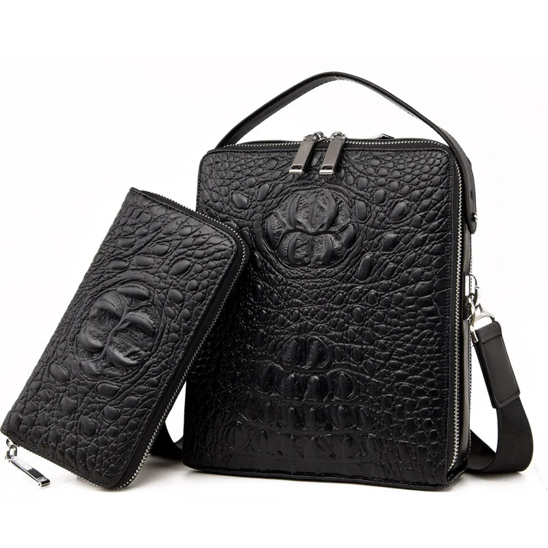black with wallet Мужская сумка из натуральной кожи с крокодиловым узором, портфель на двойной молнии, мужская сумка, сумка на плечо, Мужская модная деловая сумка - Цвет: black with wallet