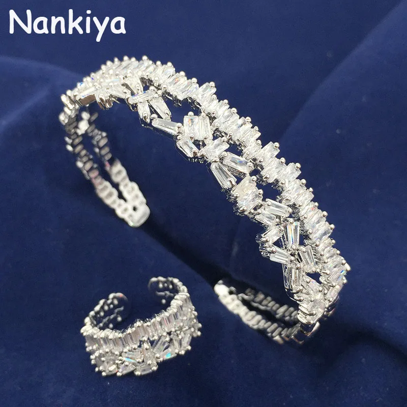 platinum plated Nankiya, классические модные ювелирные изделия, браслет, браслет, сверкающий, Большой AAA циркон, регулируемый браслет, кольцо на палец, набор для свадьбы, NZ038 - Окраска металла: platinum plated