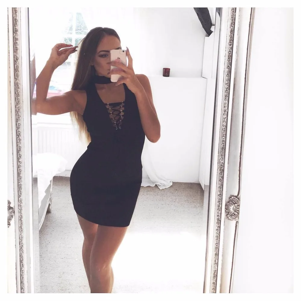 Лето 2017 г. Новый Тощий сексуальное платье зашнуровал v образным вырезом без