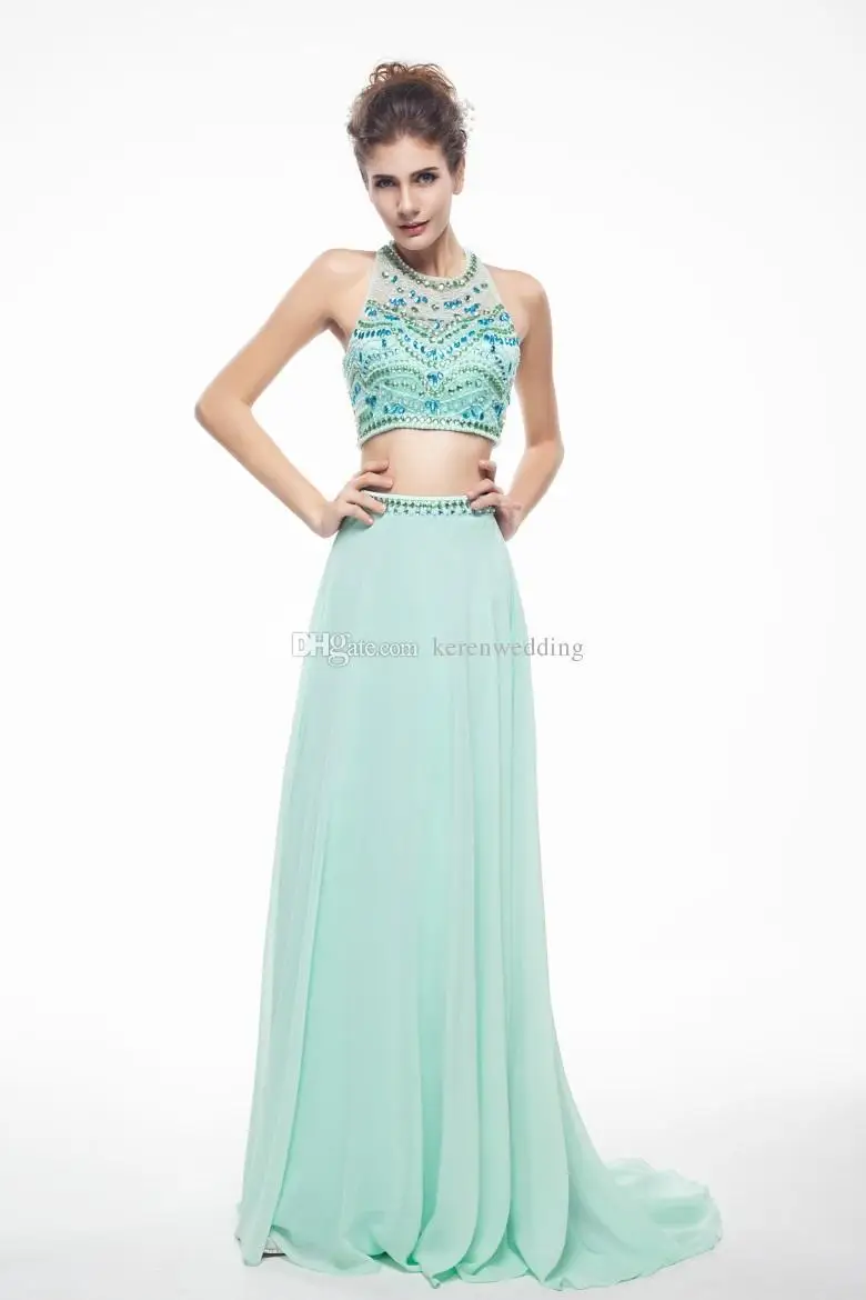 Two Pieces Long Prom Dresses 2015 with Sheer Neck Backless Party Dress Sexy Beading Crystals Mint Evening Gown S1546|dresse|dresses dropshipdress
