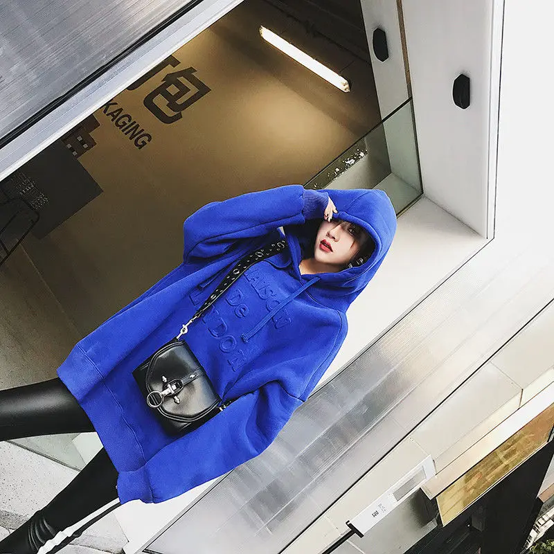 blue X75 Новинка осень зима корейский Свободный синий плюс бархат толстый свитер пуловер женский худи ленивый ветер куртка с капюшоном для женщин - Цвет: blue X75