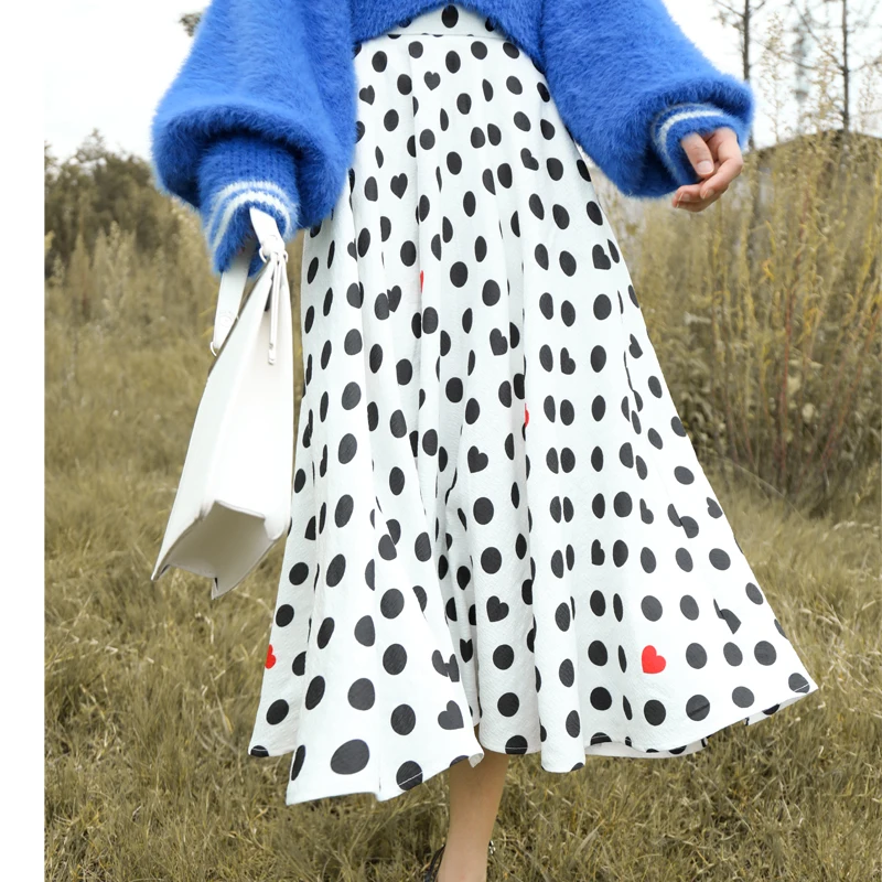 

Autumn New Women Customize Made Causal Plus Size 3XS-10XL High Waist Heart and Polka Dot Print A Line Long White Skirt