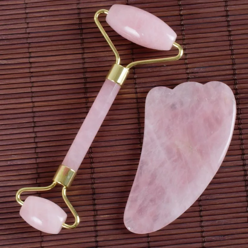 1 set 2 pieces Ролик для лица Gua Sha инструмент массажный набор Китай традиционный натуральный розовый кварц спа иглоукалывание выскабливание тела лечебный камень макияж - Цвет: 1 set 2 pieces