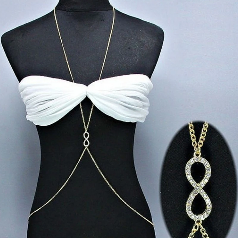 

New Fashion Summer Sexy Bikini Bodychain For Women Crystal Gold Infinity Necklaces Female Jewelry Party Gift Collier Femme