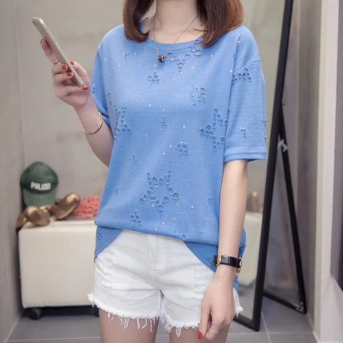 Женская свободная футболка с короткими рукавами и позолотой большого размера |