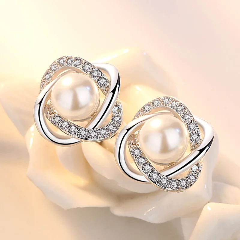 

925 Silver Needle Fashion Shiny Crystal Pearl Flower Ladies Stud Earrings Women Jewelry Female Gift Cheap